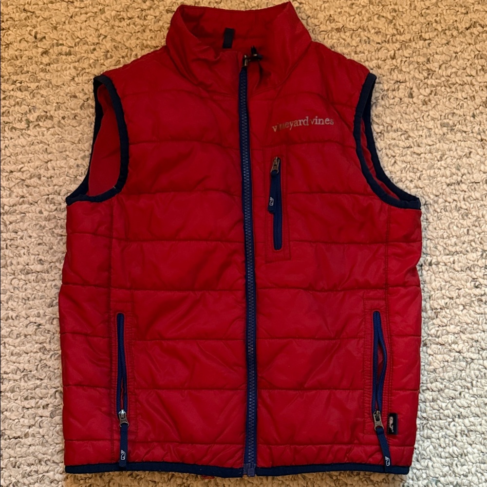 Vineyard Vines Red Quilted Vest with Navy Trim